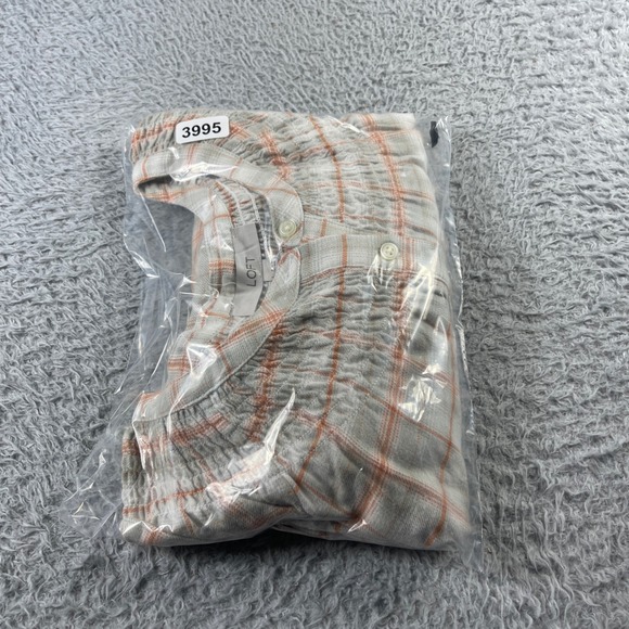 Loft Womens Plaid Smocked Neck Blouse Orange Grey Long Sleeve Top Large - Picture 9 of 9